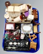 A tray containing beaded necklaces, doll's house furniture, Rotary wristwatch box,