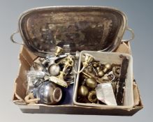 A box containing antique and later brass fittings, plated ware, plated twin handled serving tray.