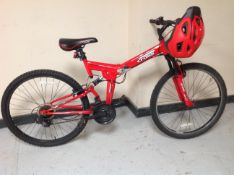 A Cross 300 CXF folding full suspension mountain bike, with cycle helmet.