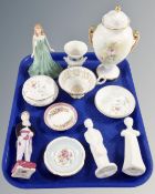 A tray containing assorted ceramics including Royal Doulton Images and Coalport Memories figure,