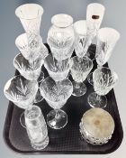 A tray of assorted drinking glasses to include Royal Doulton champagne flute, lead crystal vases,