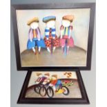 Two framed paintings depicting lady's on bicycles