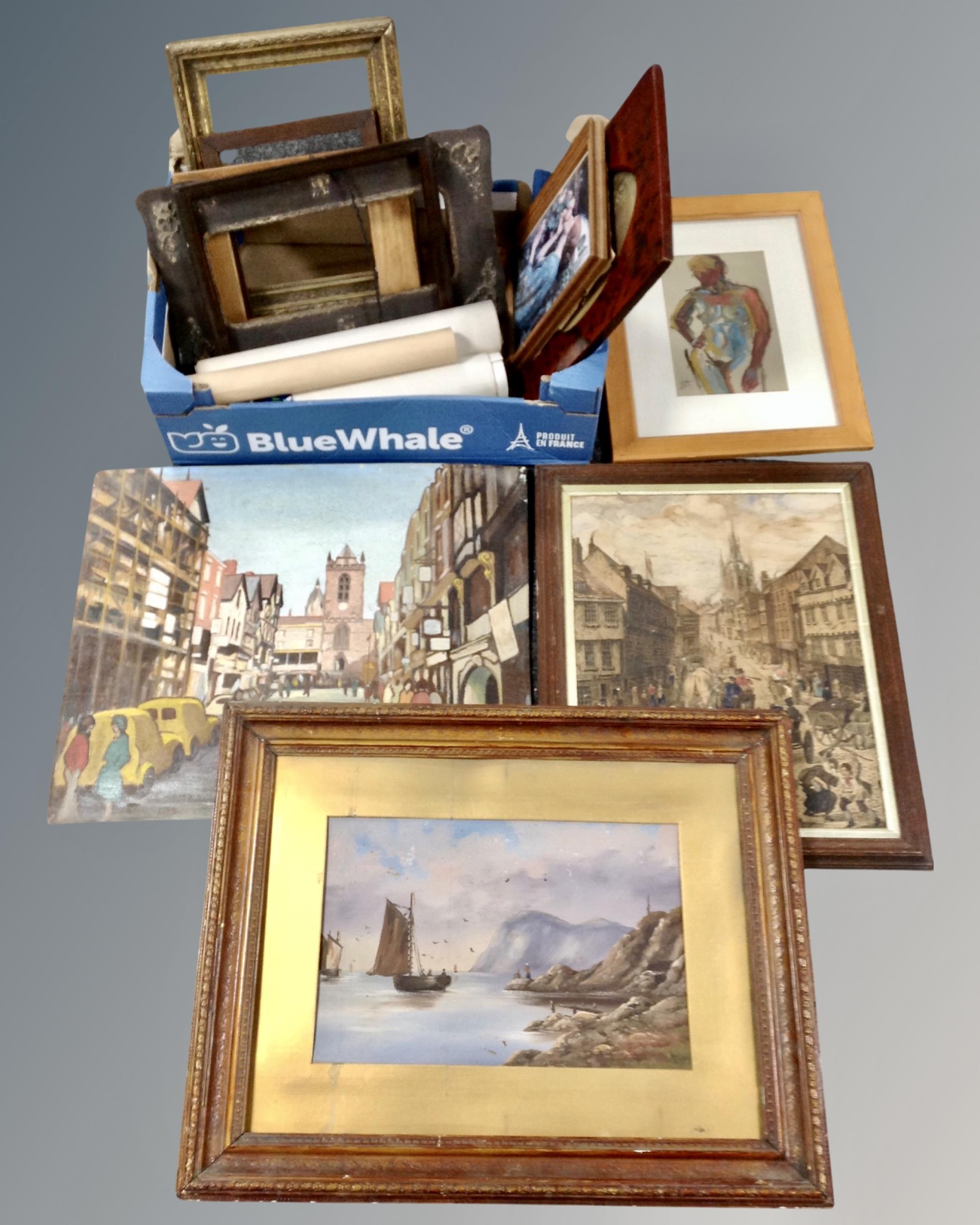 A box containing antiquarian pictures and prints in picture frames including an oil painting
