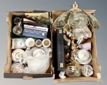 Two boxes of miscellany to include Coalport and continental figurines, cased part-cutlery set,