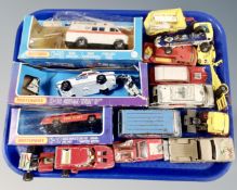 A tray of boxed and unboxed 20th century play worn die cast vehicles, Matchbox,