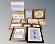A box containing assorted pictures and prints including monochrome prints, duck prints,