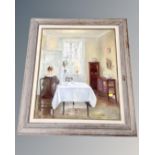 An oil on canvas depicting a lady seated in a dining room,