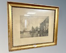 A continental monochrome engraving depicting a canal scene,