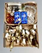 Two boxes of six vintage brass two-way wall lights together with a box of assorted glass wares,