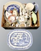 A box containing assorted 19th century and later ceramics including blue and white willow patterned