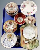 A tray containing assorted ceramics including Royal Doulton dish, Franz teaspoon, Maling bowl,