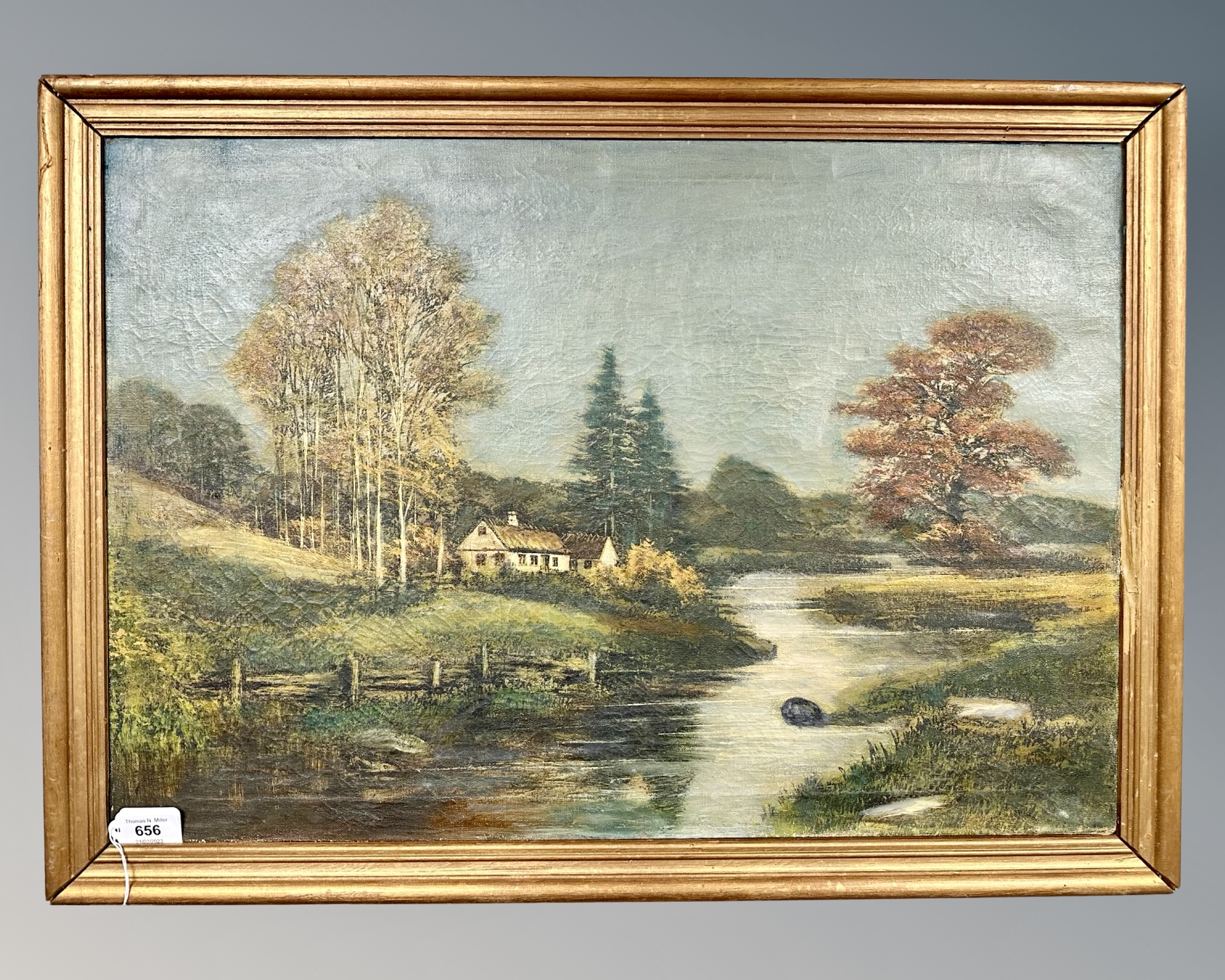 Continental school : a thatched cottage by a river, oil on canvas,