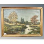 Continental school : a thatched cottage by a river, oil on canvas,