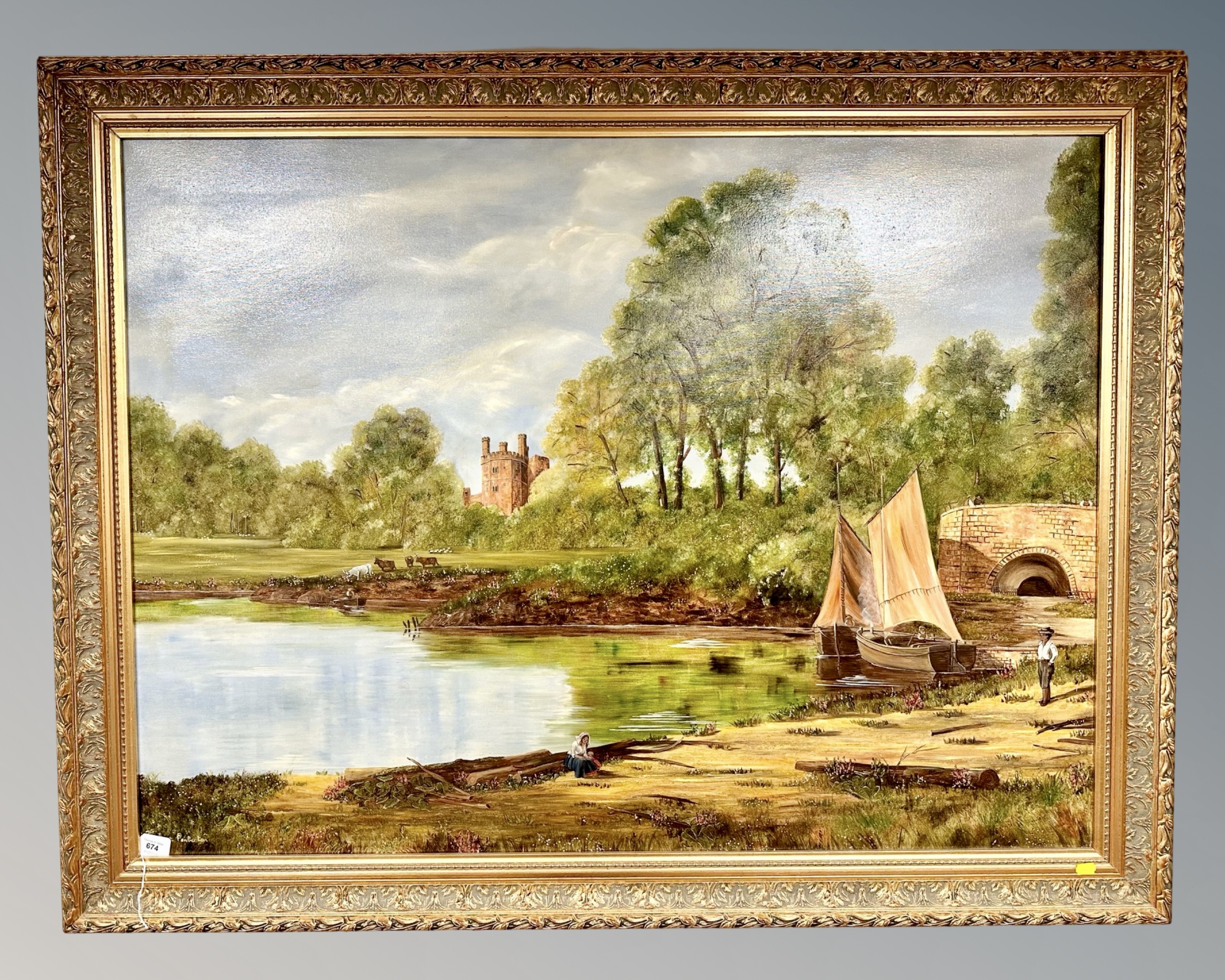 Margaret Pemberton : Figures by a river with castle beyond, oil on canvas, 121cm by 89cm.