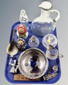 A tray containing folding boxwood rule, cut glass dressing table perfume bottle with silver rim,