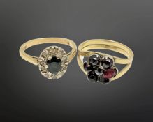 An 18ct gold sapphire and diamond ring and a gold garnet ring (2)