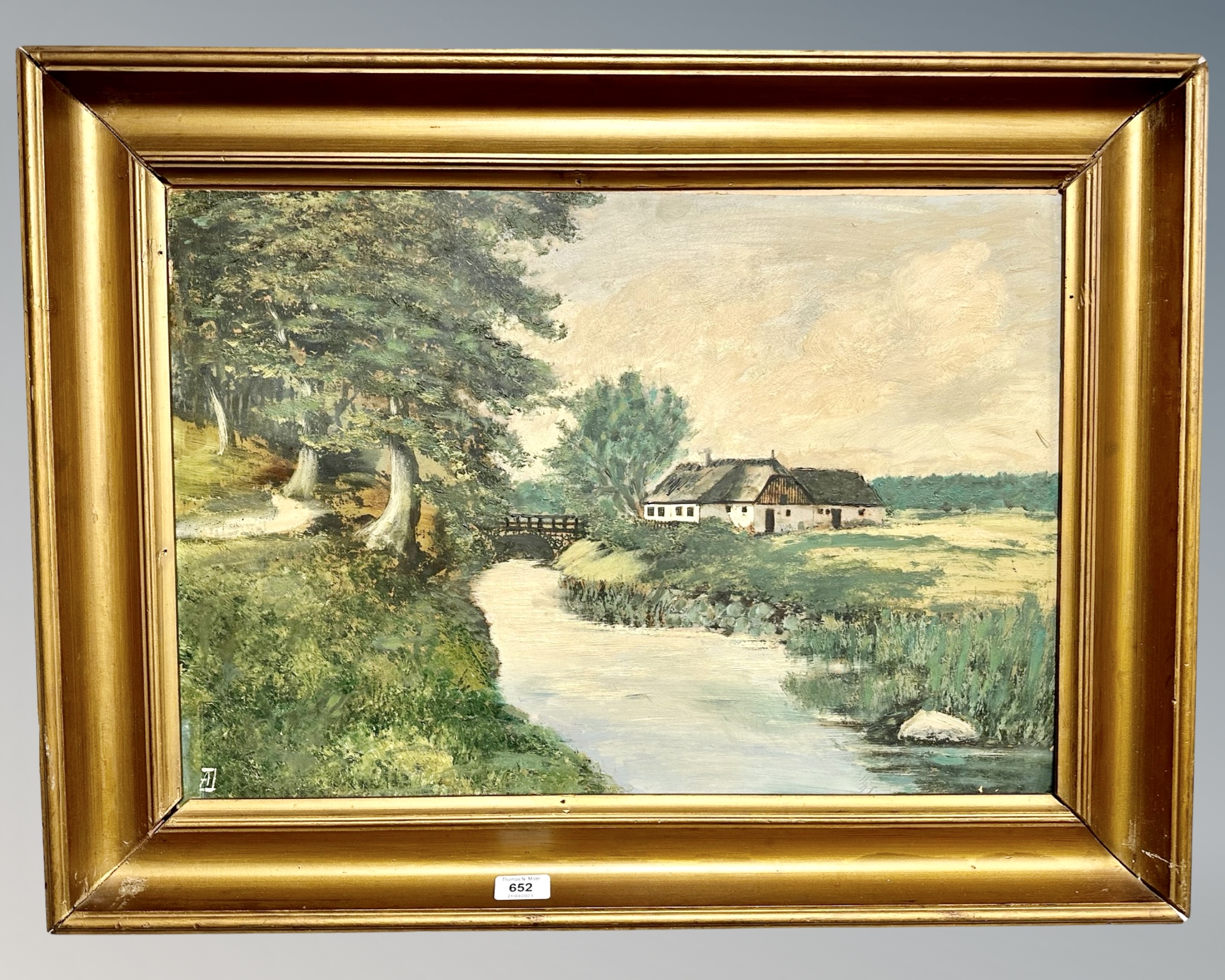 Continental school : farm building by a bridge, oil on board,