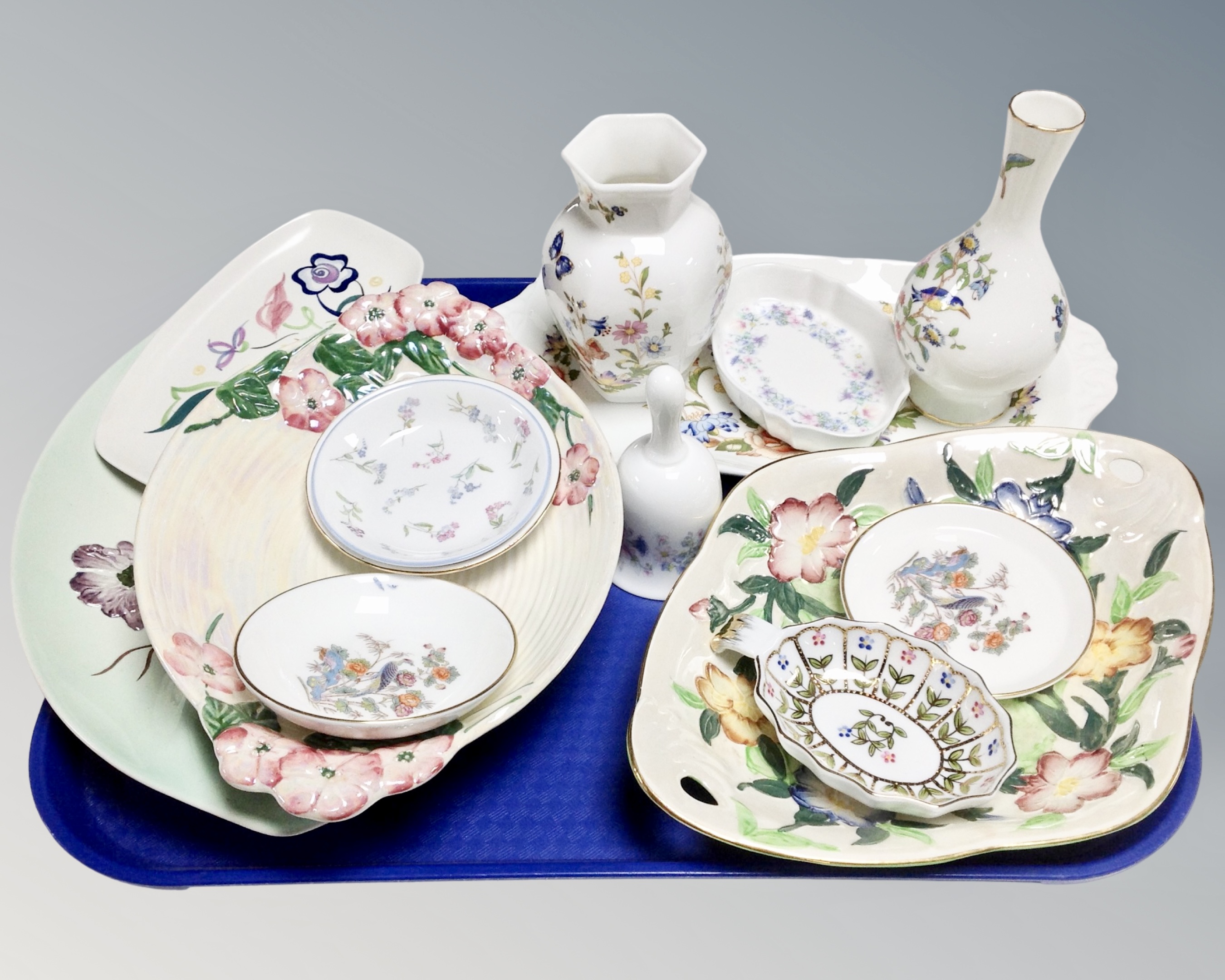 A tray of assorted ceramics to include Maling dishes, Aynsley trinket tray and vase,