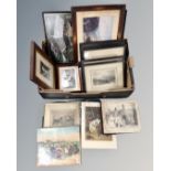A box containing antiquarian and later pictures and prints including black and white etchings of