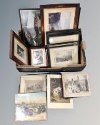 A box containing antiquarian and later pictures and prints including black and white etchings of