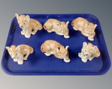 Six Russian Lomonosov ceramic lion cub figures