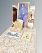 A machine made rug of Persian design together with a box containing assorted pictures,