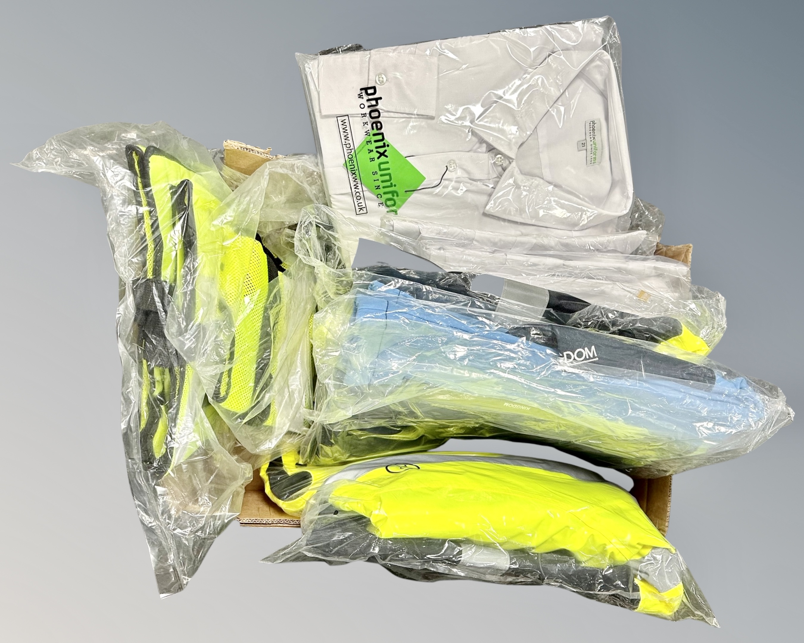 A box of work clothing to include shirts, fleeces, high visibility jacket,