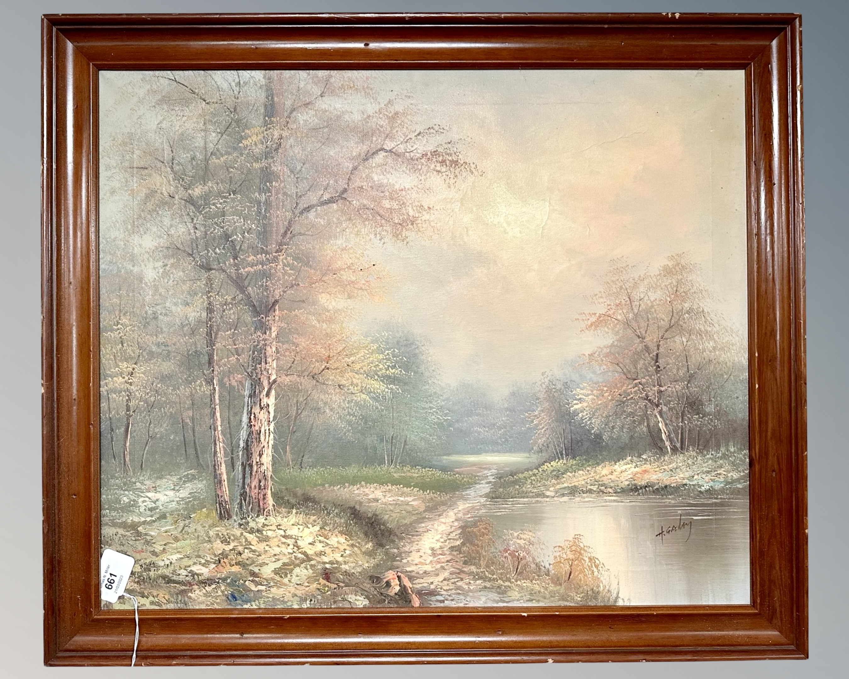 H. Gailey : A river through woodland, oil on canvas, 60cm by 50cm.