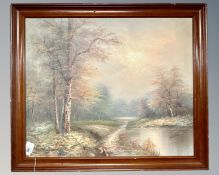 H. Gailey : A river through woodland, oil on canvas, 60cm by 50cm.
