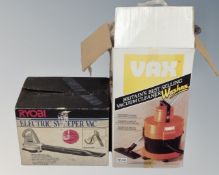 A Vax vacuum cleaner with accessories, boxed, together with a Ryobi electric sweeper vacuum, boxed.