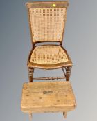 An Edwardian beech and bergere bedroom chair together with a pine cracket.