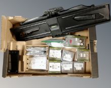 A box of LCD TV wall bracket, assorted socket and switch covers (new),