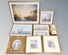 A quantity of pictures and prints, Alan Reed signed prints of Newcastle, oil on board Still life,