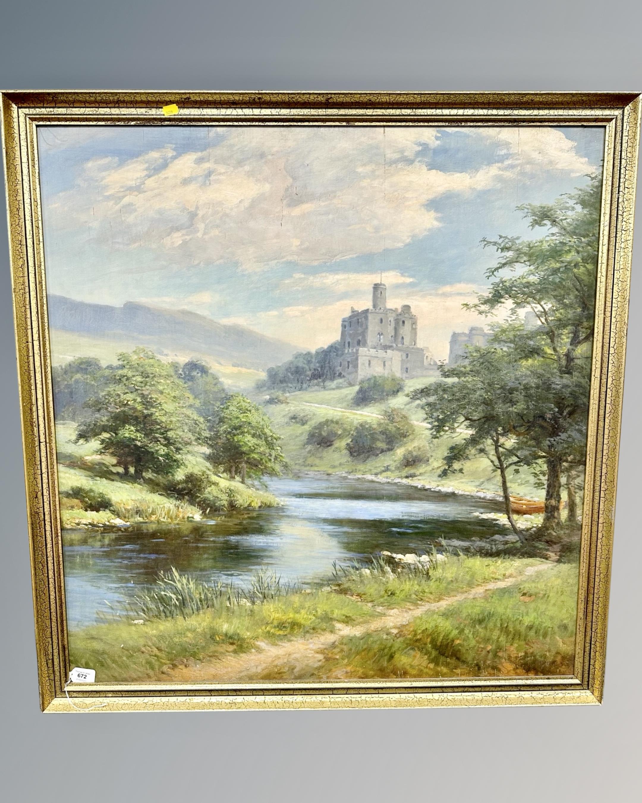 20th century school : castle in a valley landscape, oil on board, 90cm by 94cm.