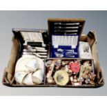 A box of canteens, plated fish cutlery, Beswick circus tea ware, ornaments,