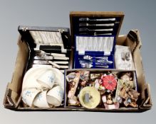 A box of canteens, plated fish cutlery, Beswick circus tea ware, ornaments,