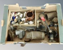 A box of kitchenalia to include mincers, Royal Doulton pottery jug, cutters,