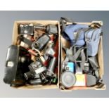 Two boxes of assorted camera bags, vintage cameras, cine camera,