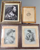 Four antiquarian pictures including a portrait study initialled AH,