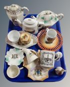 A tray of antique tourist ceramics, souvenir of London mug, Whitley bay, Redcar,