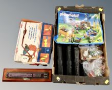 A box of toys to include Playmobil, Corgi rocket speed set,