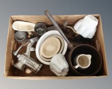 A box of kitchenalia to include 19th century cast iron handled pan, mincer, ceramic jelly moulds,