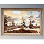 Margaret Pemberton : Naval battle scene in rough seas, oil on canvas, 121cm by 76cm.