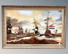 Margaret Pemberton : Naval battle scene in rough seas, oil on canvas, 121cm by 76cm.