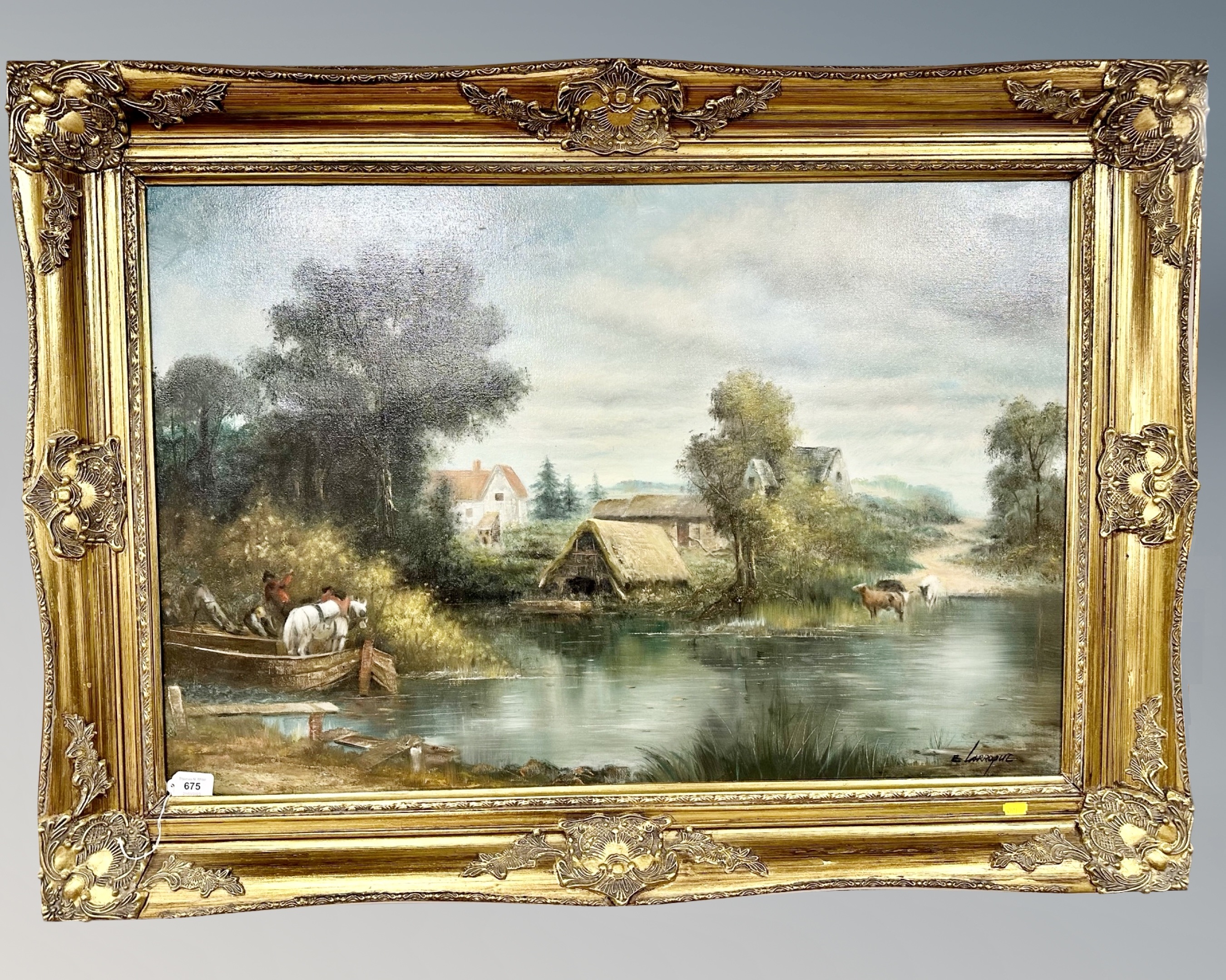 E. Larroque : Cattle watering by a ford, oil on canvas, 90cm by 60cm.