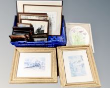 A crate containing assorted pictures and prints including a Jenner watercolour study depicting
