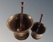 Two heavy brass pestle and mortars