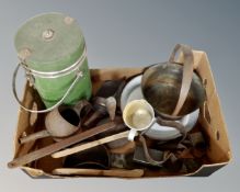 A box of kitchenalia to include flask, cast iron handled enamelled pan, jam pan, cutters,