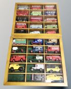 Two counter top display cases containing Days Gone and promotional die cast, buses,