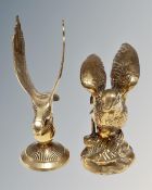 Two brass bird ornaments, an eagle and a pigeon.